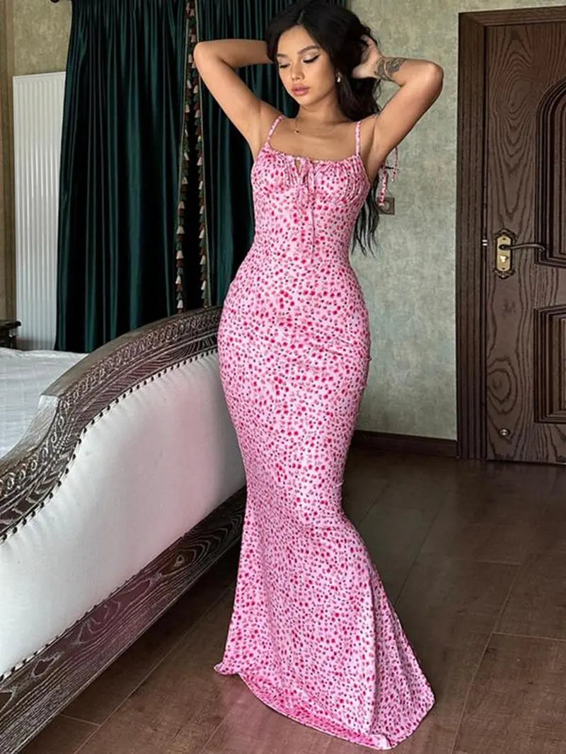 Women'S Ditsy Floral Print Backless Tie Shoulder Mermaid Dress, Elegant Tie Front Maxi Cami Bodycon Dress for Holiday Party, Summer Clothes Women, Summer Dresses for Women